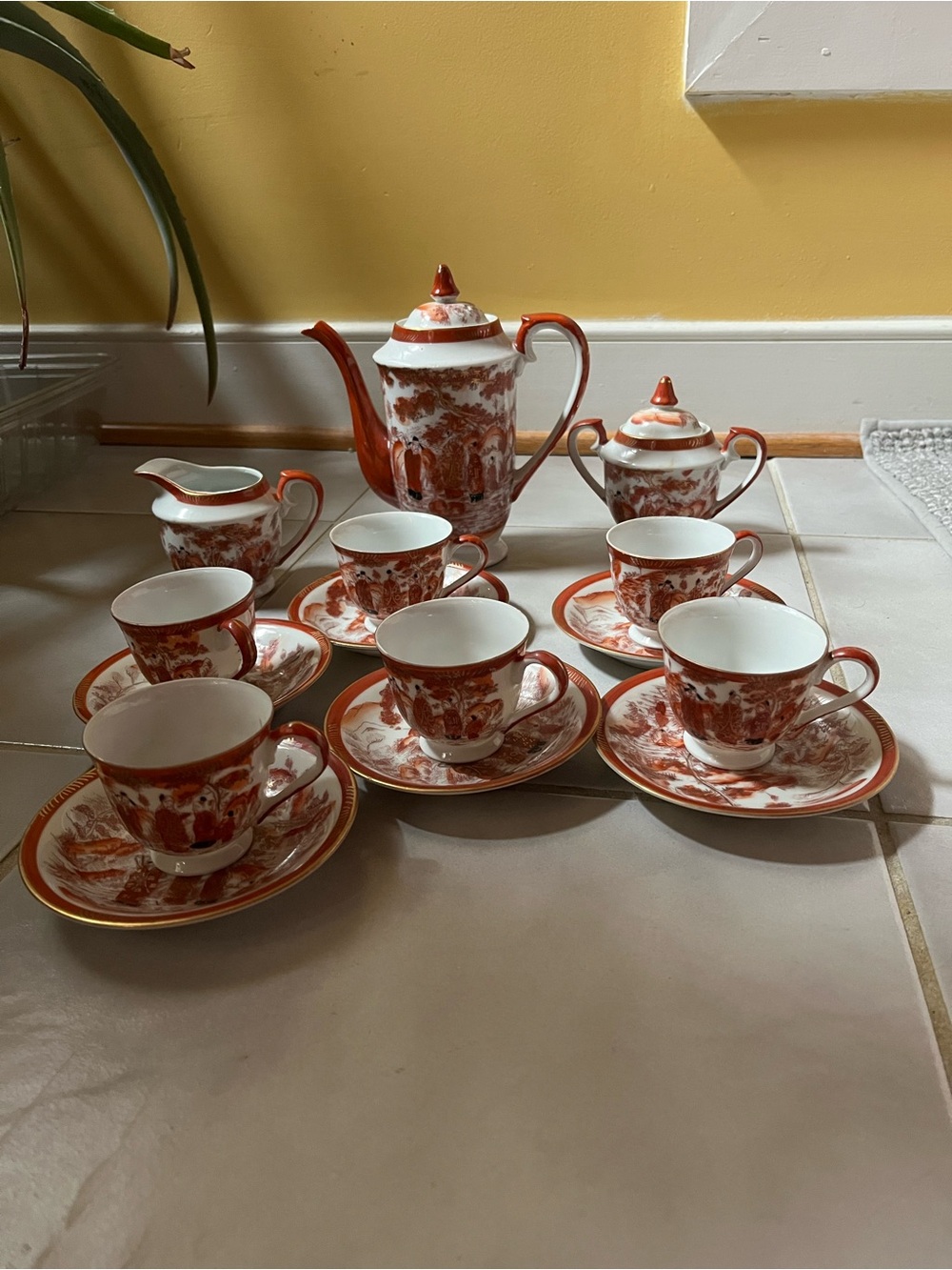 Red-Orange Porcelain Tea Set with Gold Trim - 12 Piece Tea Service